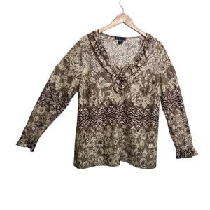 INC International Concepts Womens Tan‎ Sheer Floral Lace Ruffle Top Plus 2X Boho
